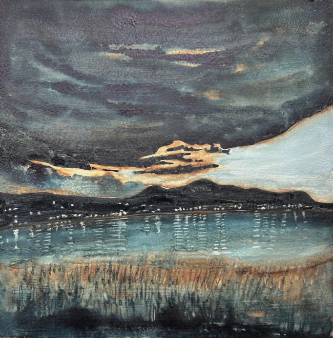 Harbour Lights, Ink on cradled board, 10” x 10”, $250
